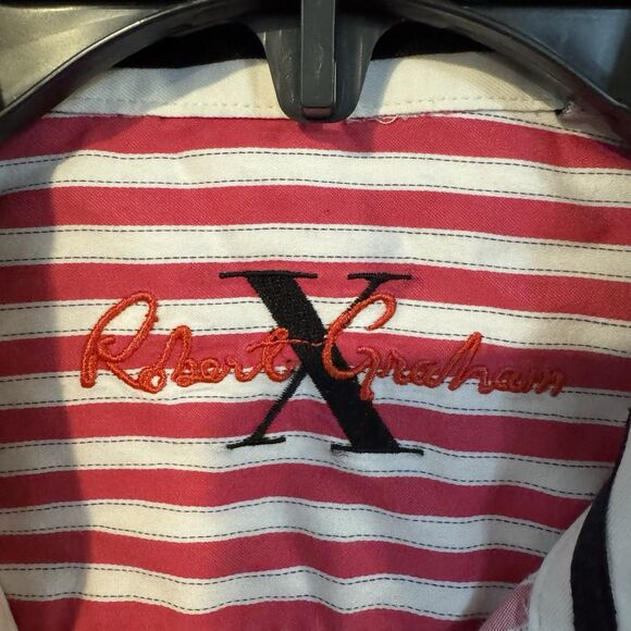 Robert Graham Men's XL Long Sleeve Shirt Red White Stripe Flip Cuff Patch - Picture 5 of 13